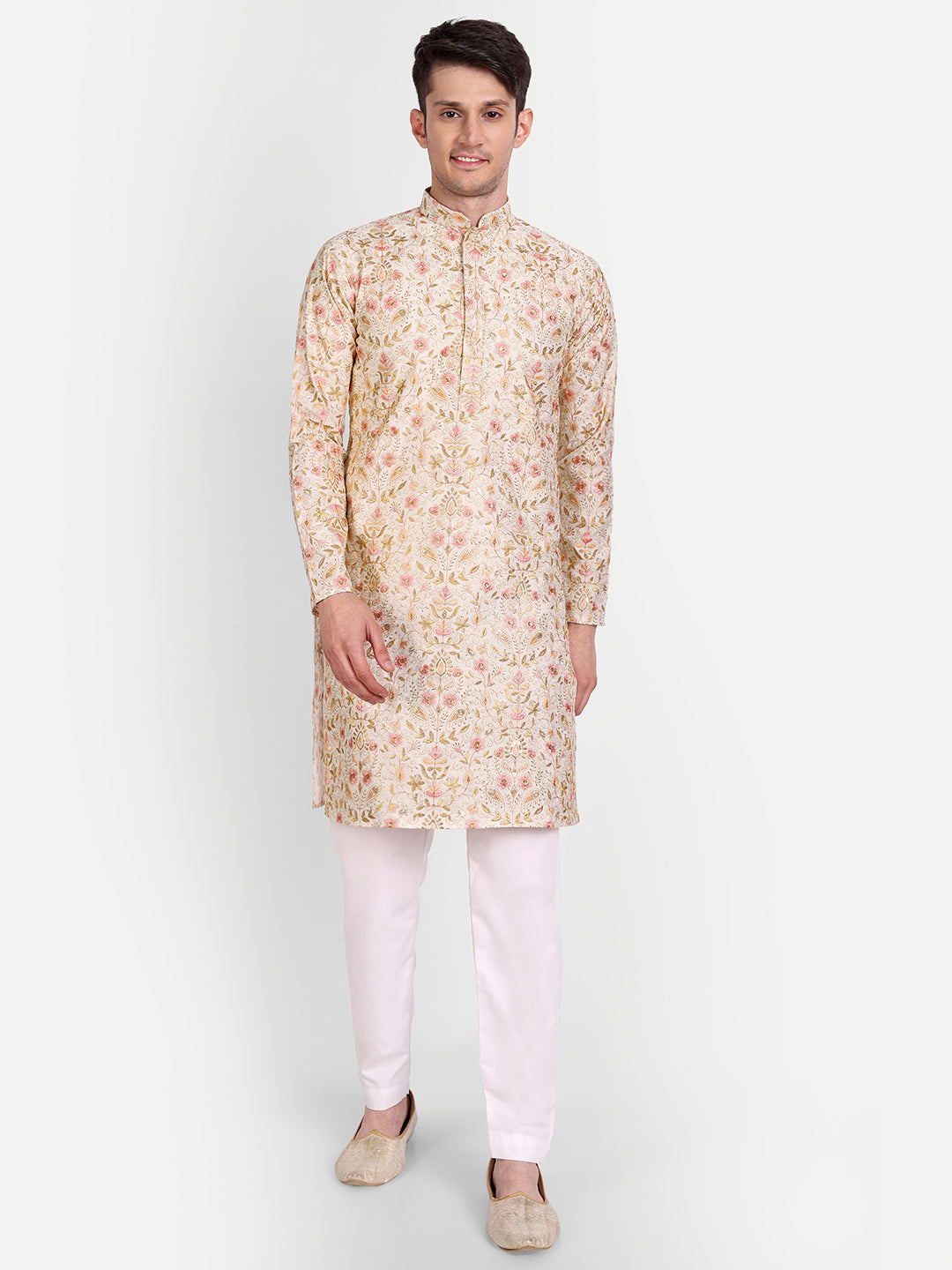 Peach and Ivory Embroidered Silk Blend Royal Kurta