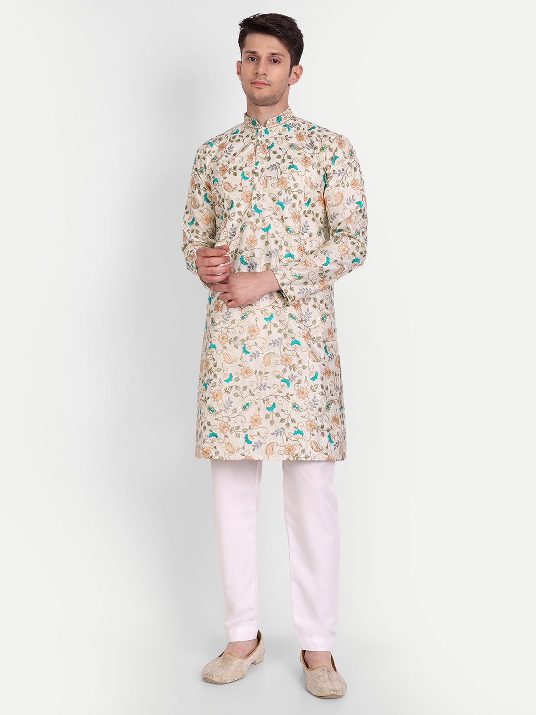 Golden Green Embroidered Silk Blend Royal Kurta