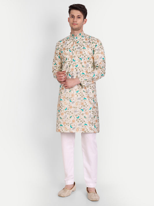 Golden Green Embroidered Silk Blend Royal Kurta