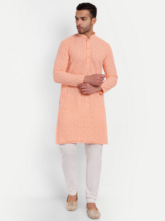 Light Peach Geometric Pattern Thread Embroidery Kurta