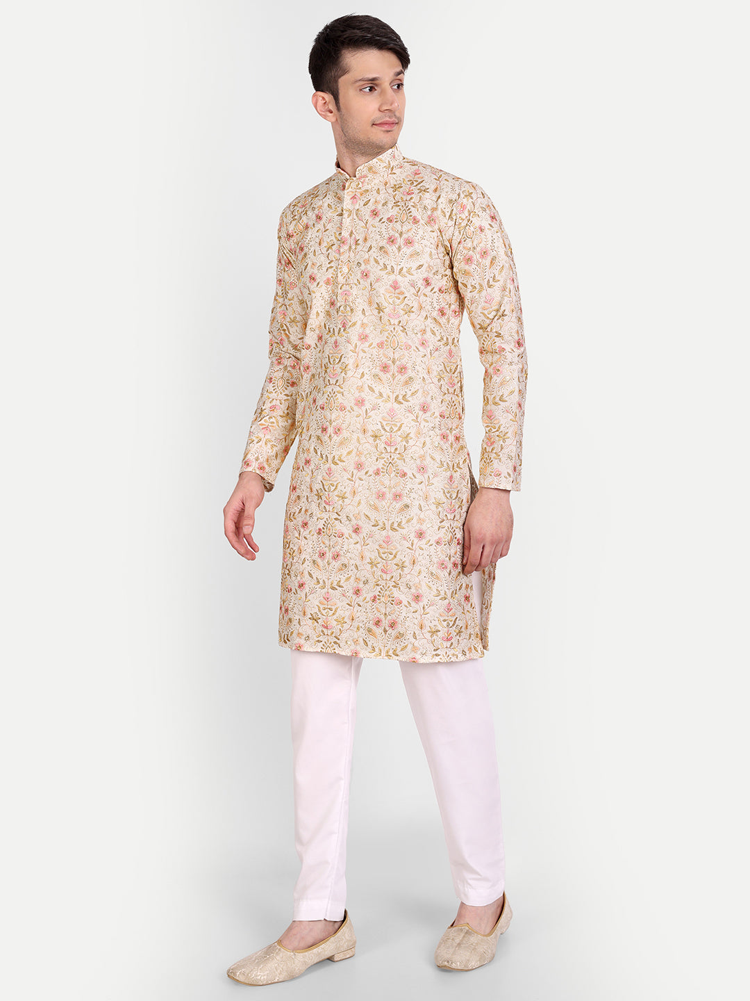 Peach and Ivory Embroidered Silk Blend Royal Kurta