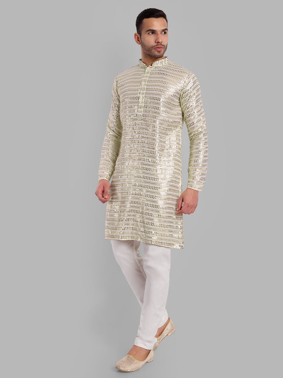 White Moon Sequin Embellished Stripes Pattern Georgette Kurta