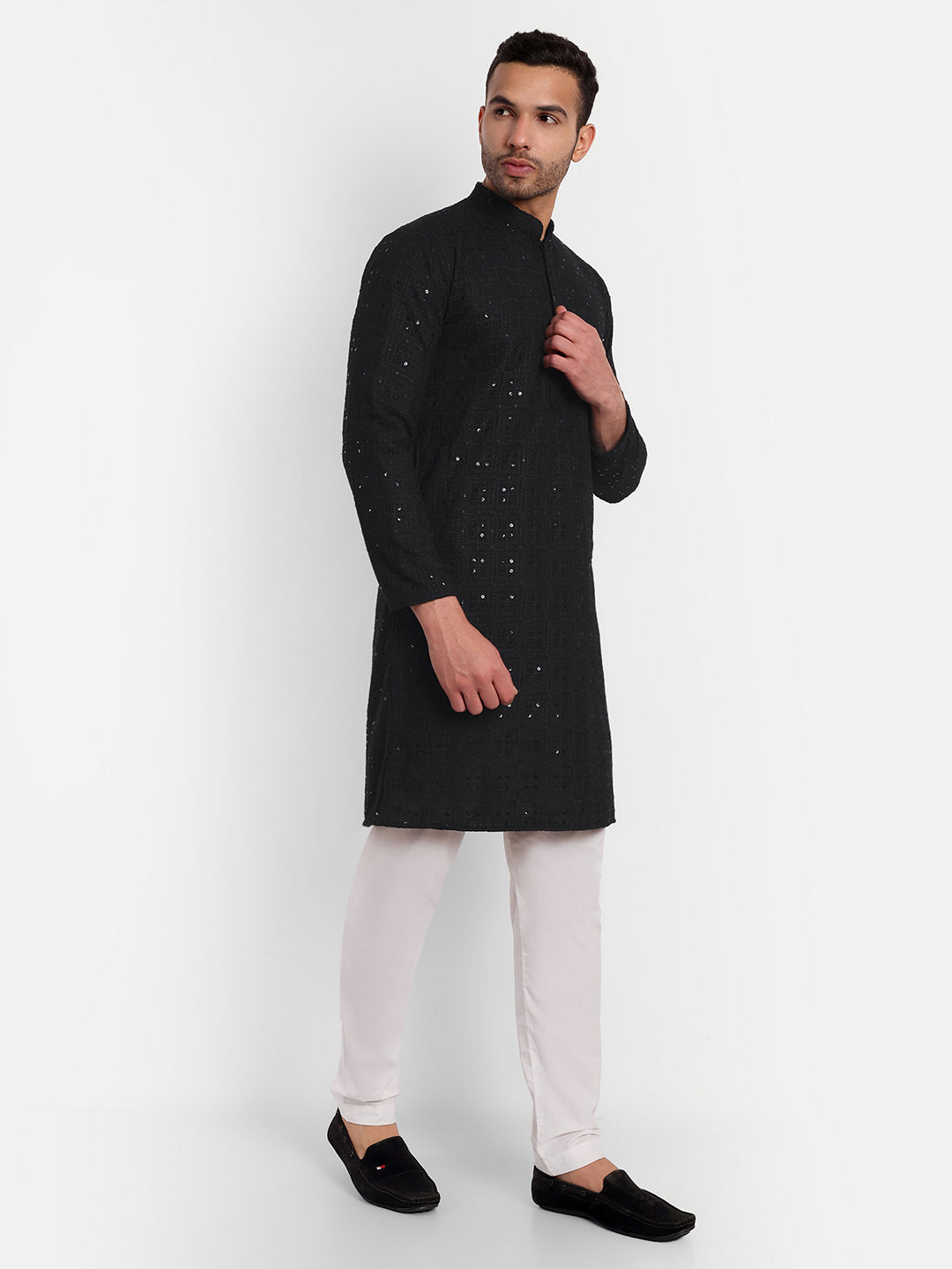 Black Geometric Pattern Embroidered Georgette Kurta