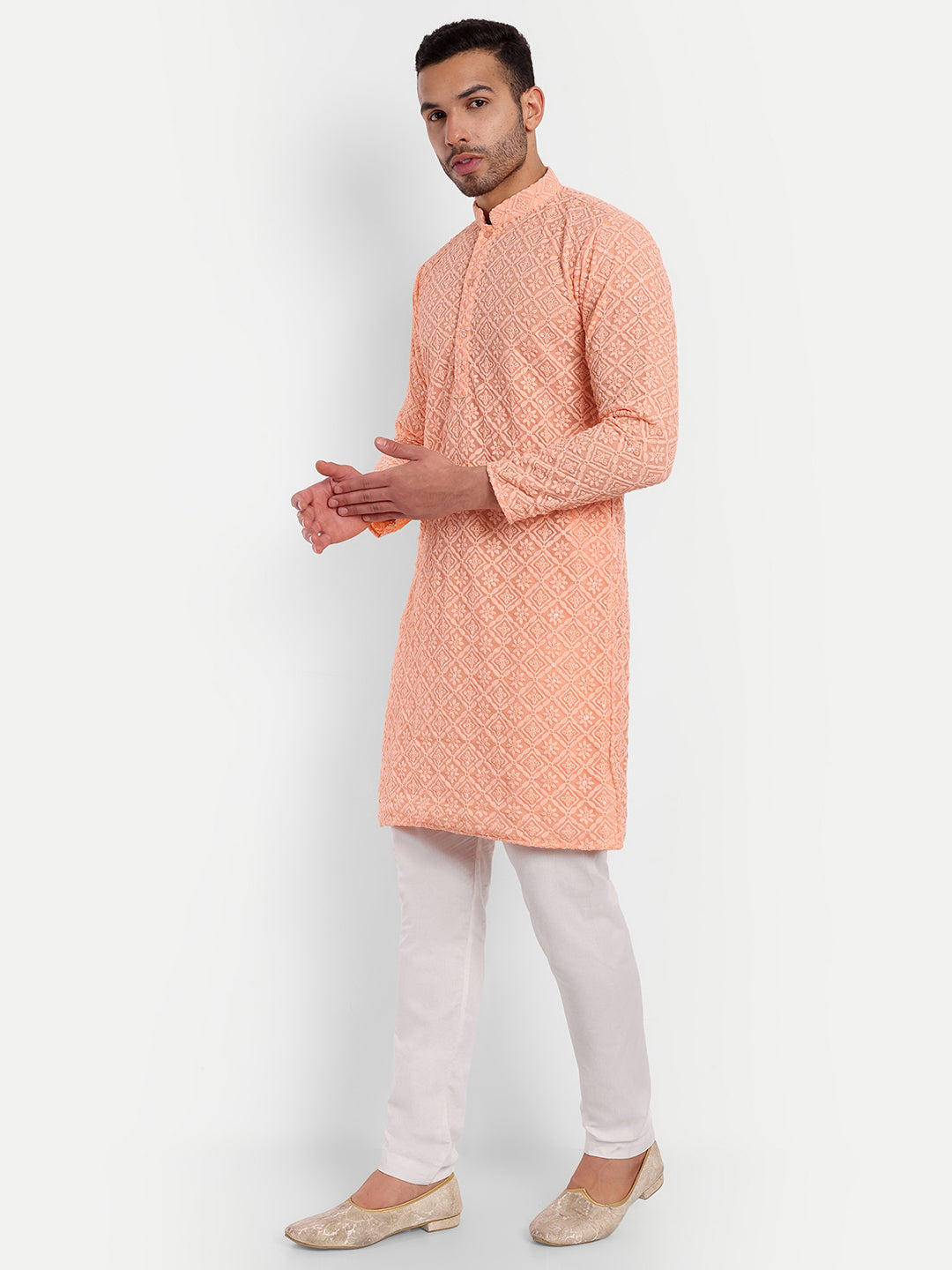 Light Peach Geometric Pattern Thread Embroidery Kurta