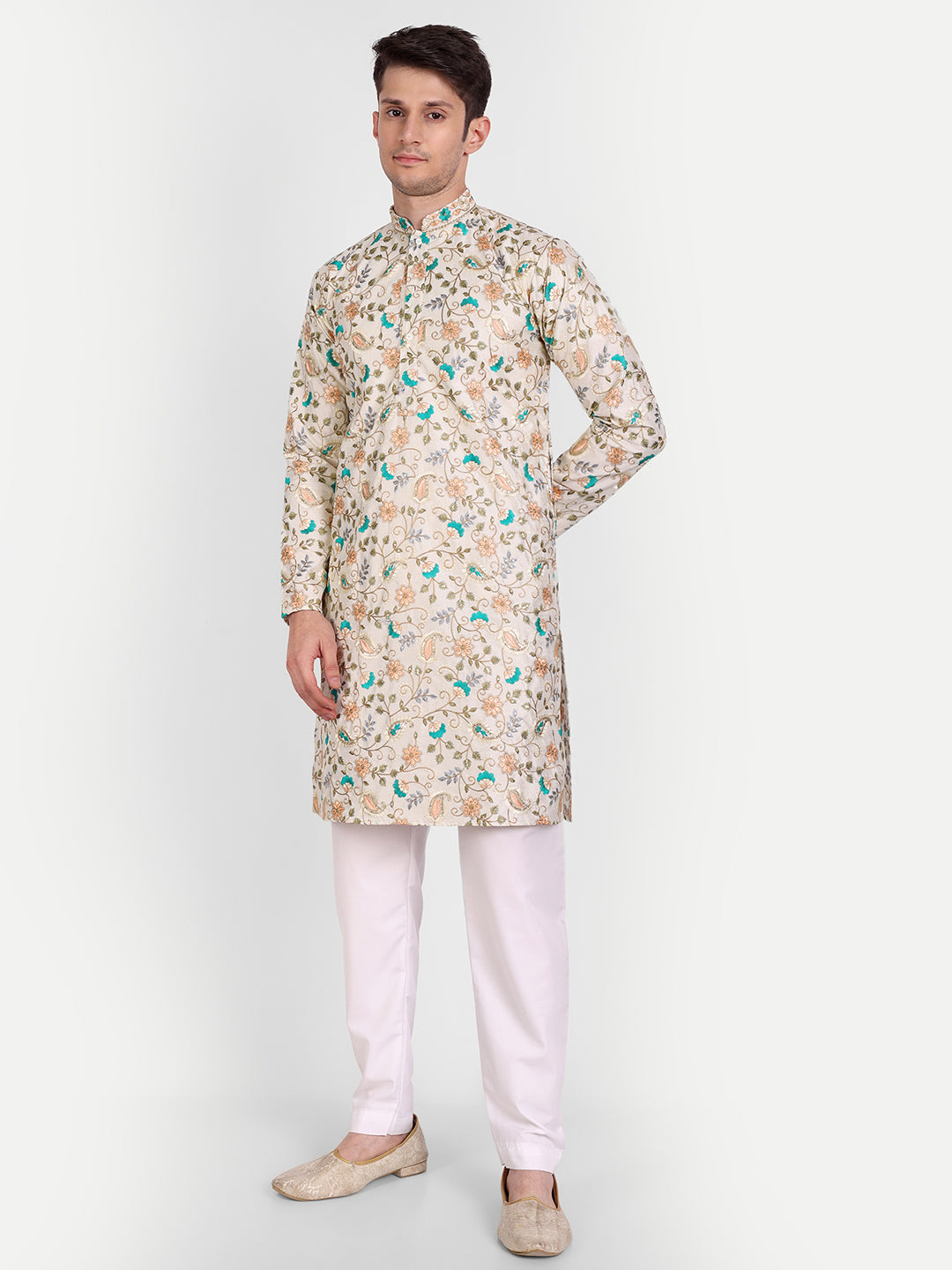 Golden Green Embroidered Silk Blend Royal Kurta