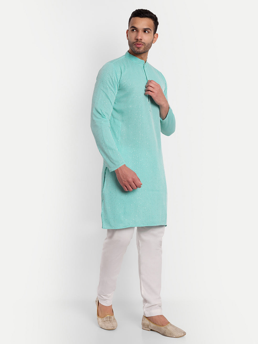 Sky Blue Thread and Sequin Stripes Georgette Kurta