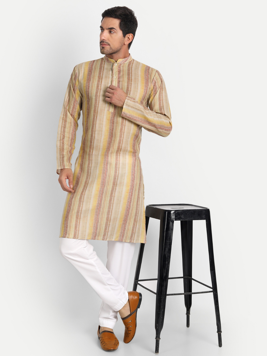 Brush Paint Stripes Light Yellow Printed Kurta