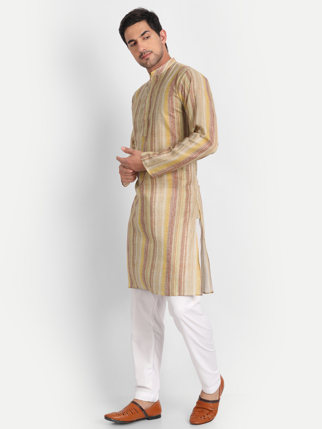 Brush Paint Stripes Light Yellow Printed Kurta