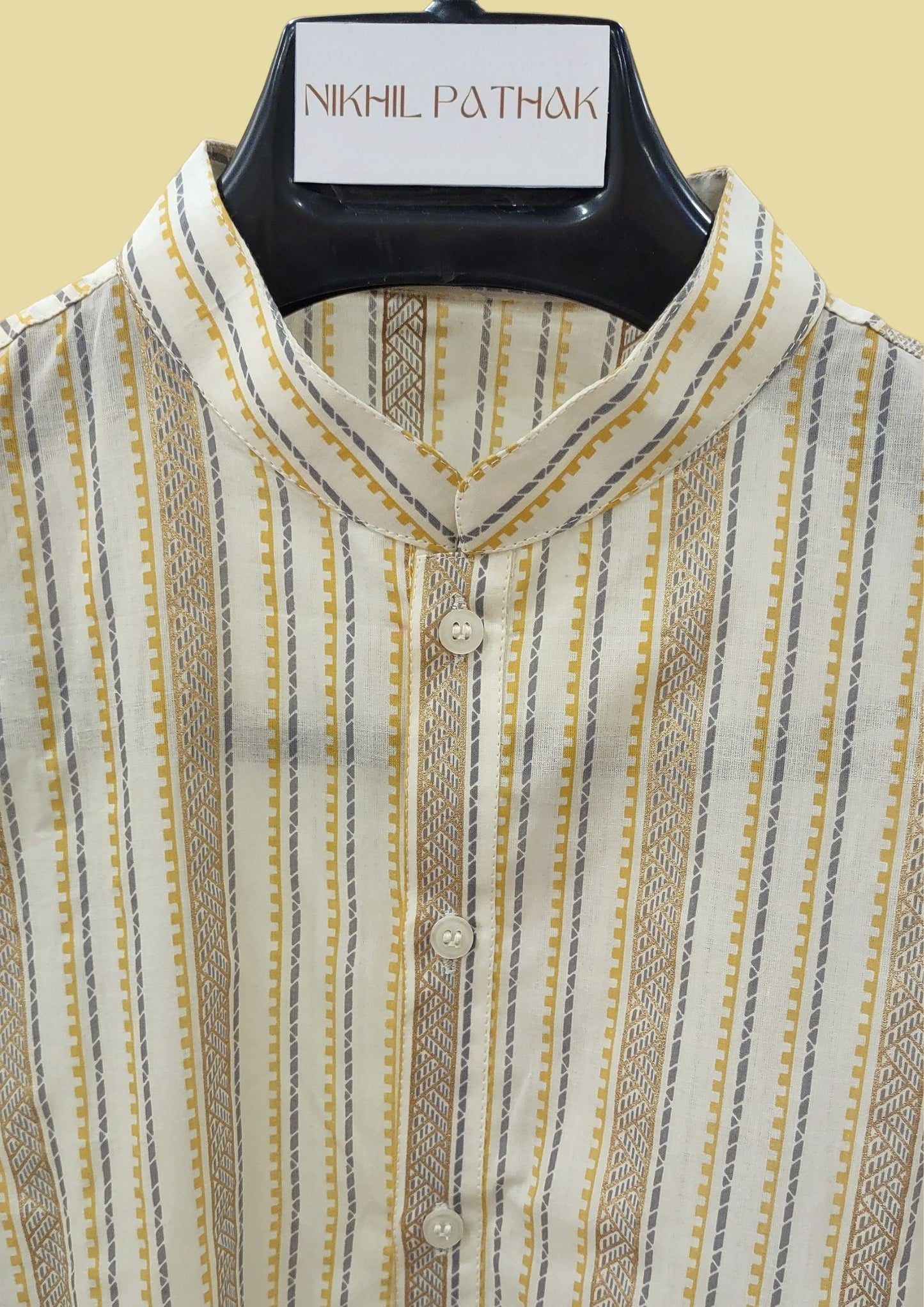 Mustard and Glitter Stripes Off-white Cotton Kurta