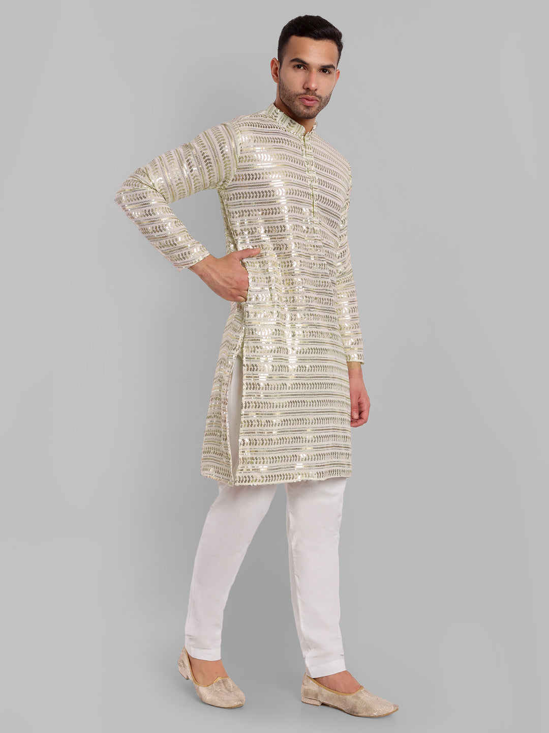 White Moon Sequin Embellished Stripes Pattern Georgette Kurta