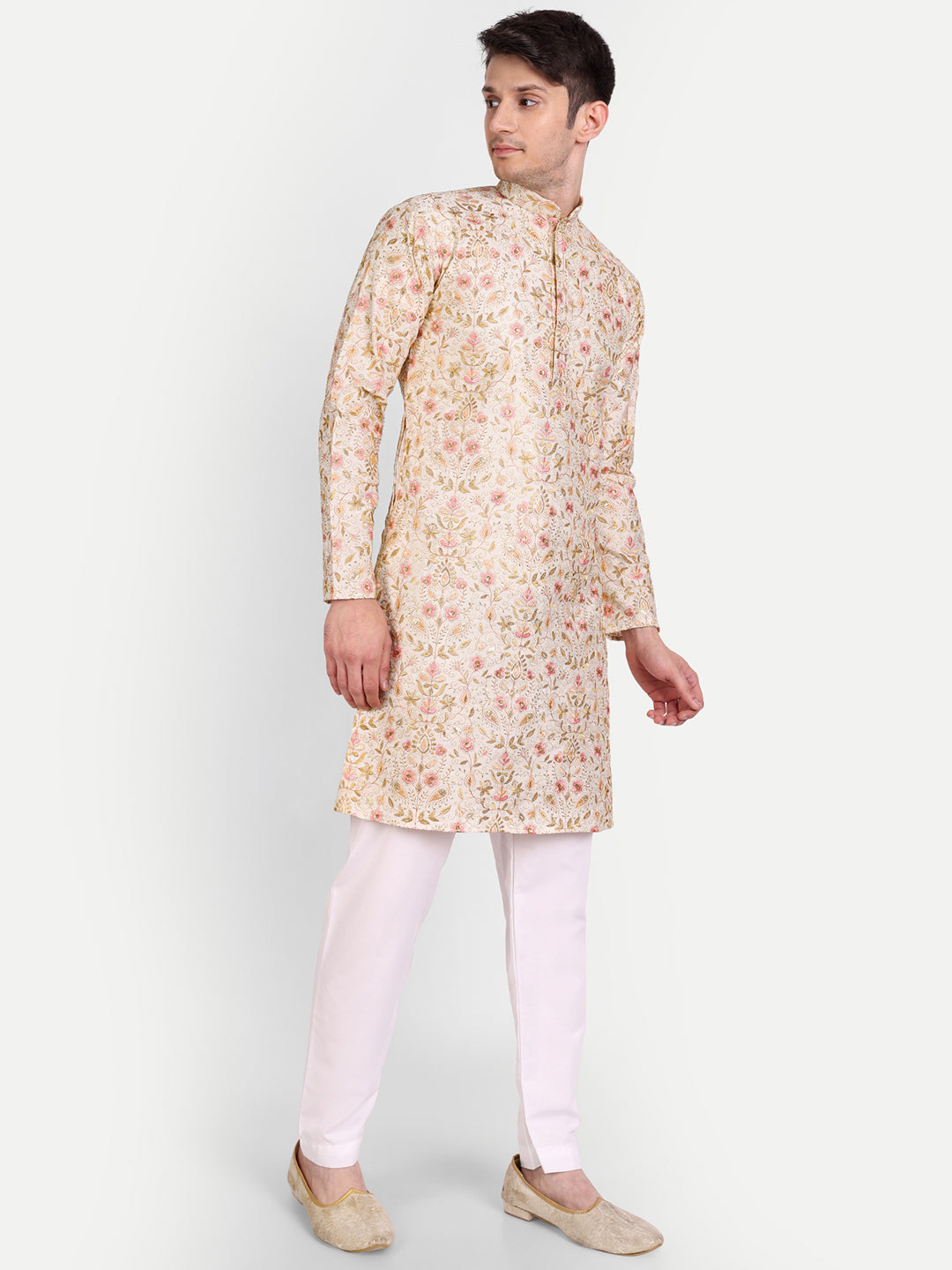 Peach and Ivory Embroidered Silk Blend Royal Kurta