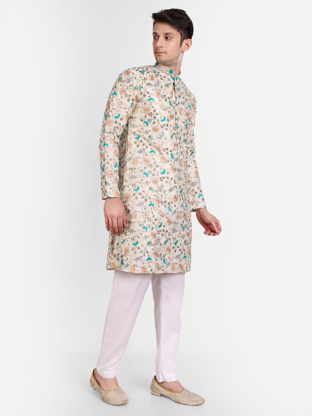 Golden Green Embroidered Silk Blend Royal Kurta