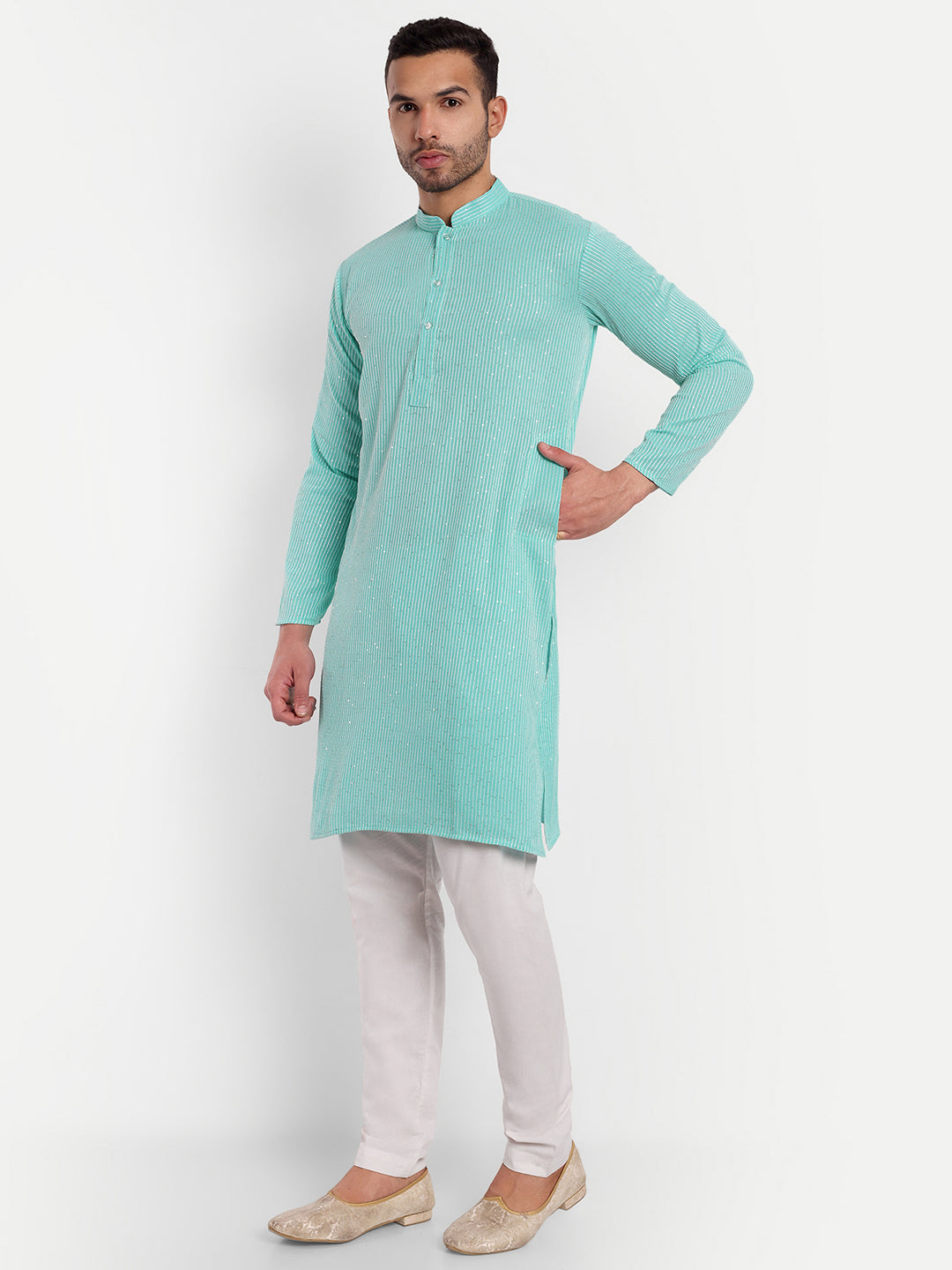 Sky Blue Thread and Sequin Stripes Georgette Kurta