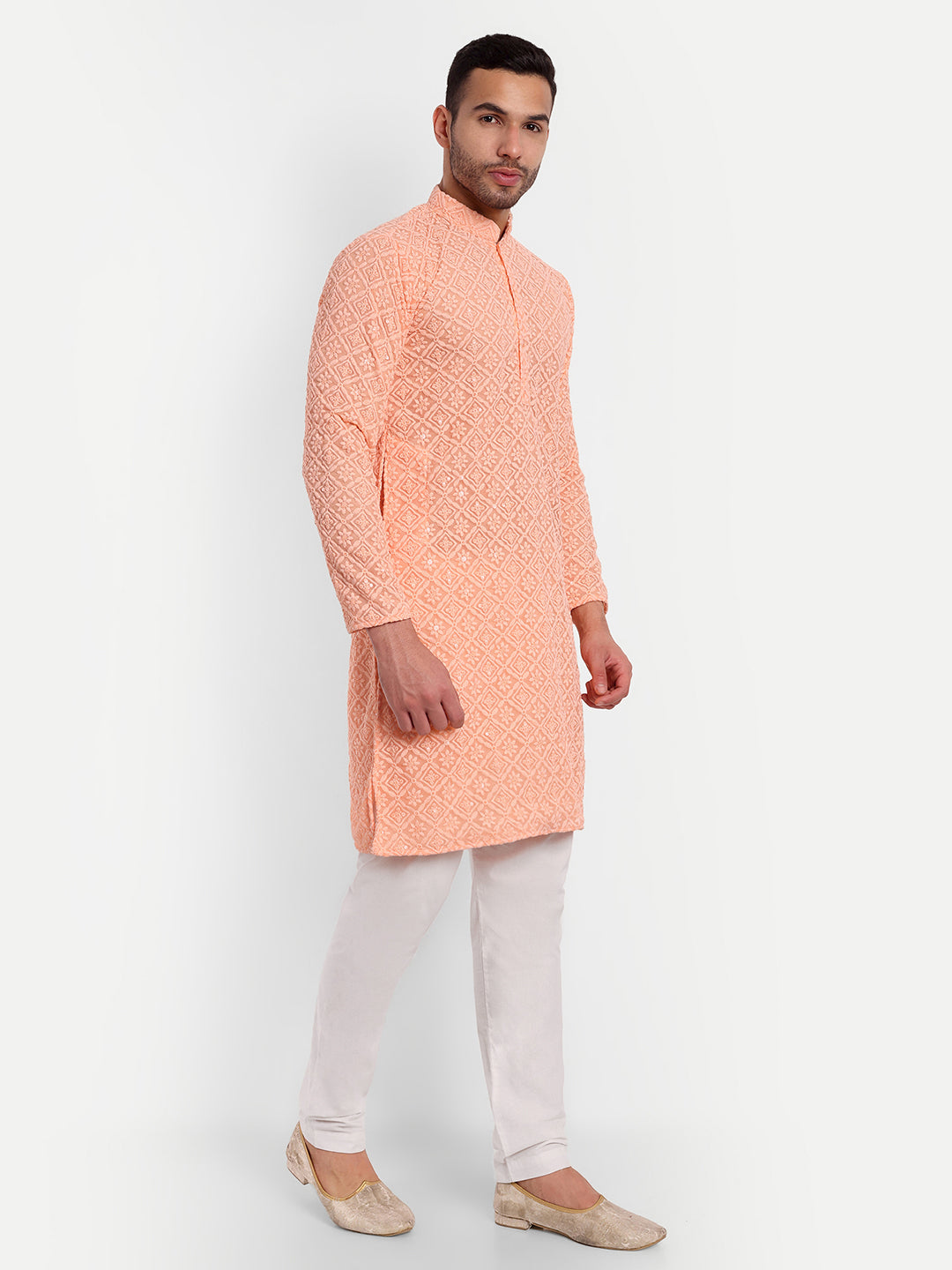 Light Peach Geometric Pattern Thread Embroidery Kurta