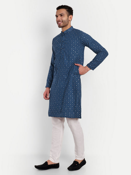 Deep Blue Twilight Pattern Embroidery Georgette Kurta