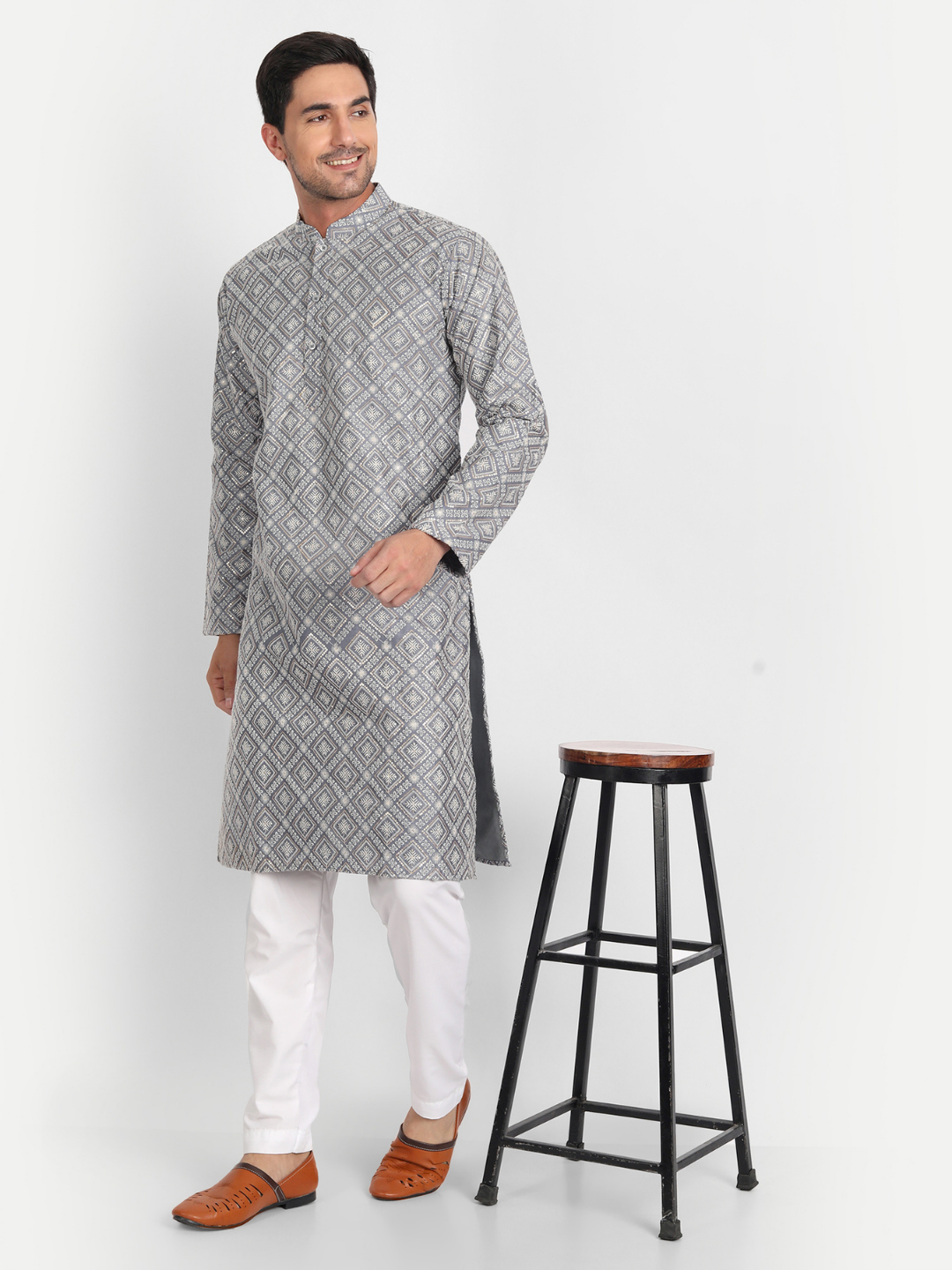 Grey Intricately Sequin Embroidered Silk Blend Kurta