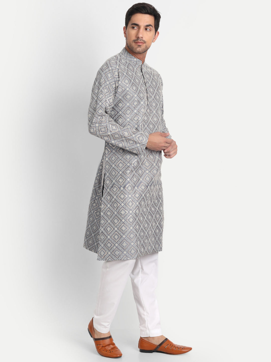 Grey Intricately Sequin Embroidered Silk Blend Kurta