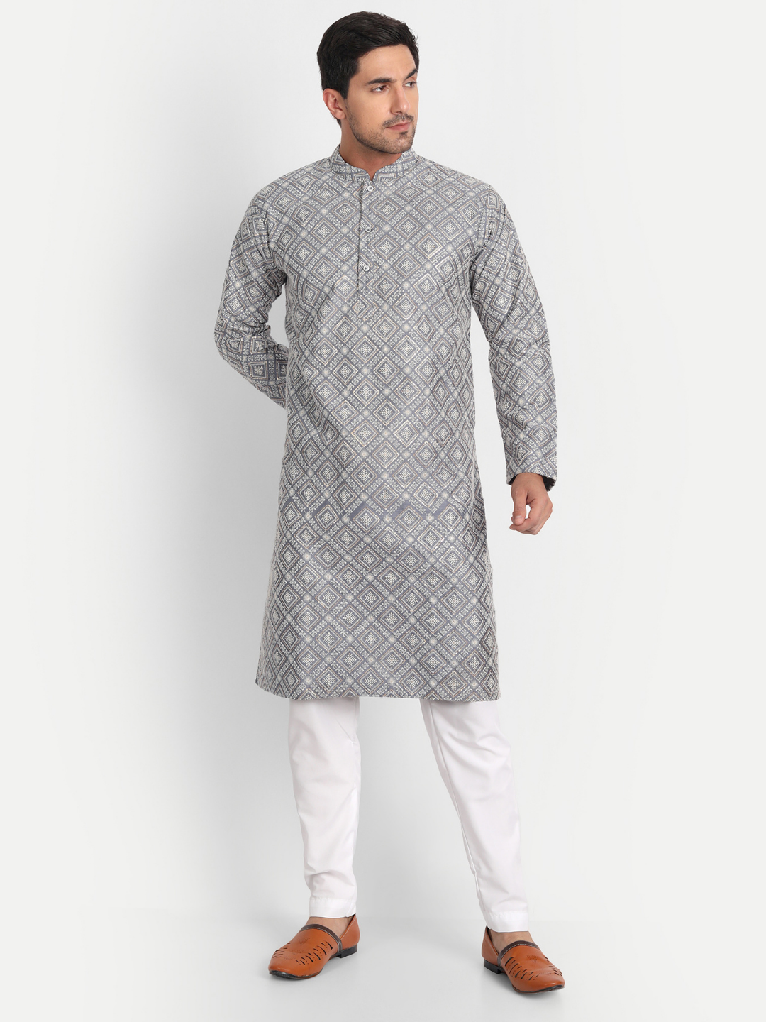 Grey Intricately Sequin Embroidered Silk Blend Kurta