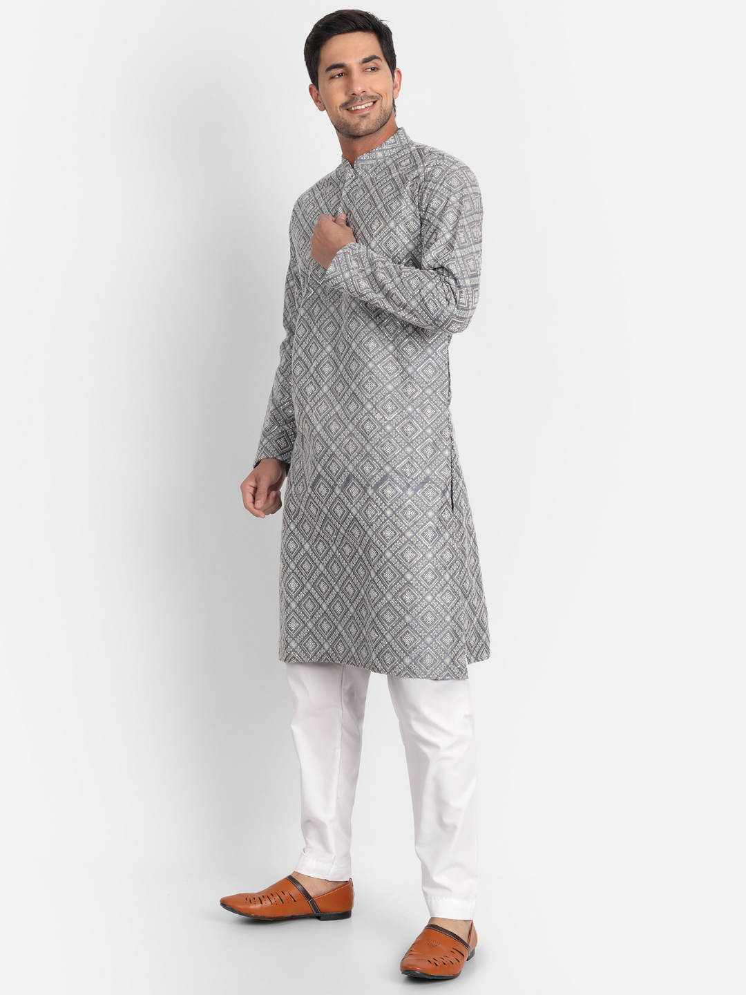 Grey Intricately Sequin Embroidered Silk Blend Kurta