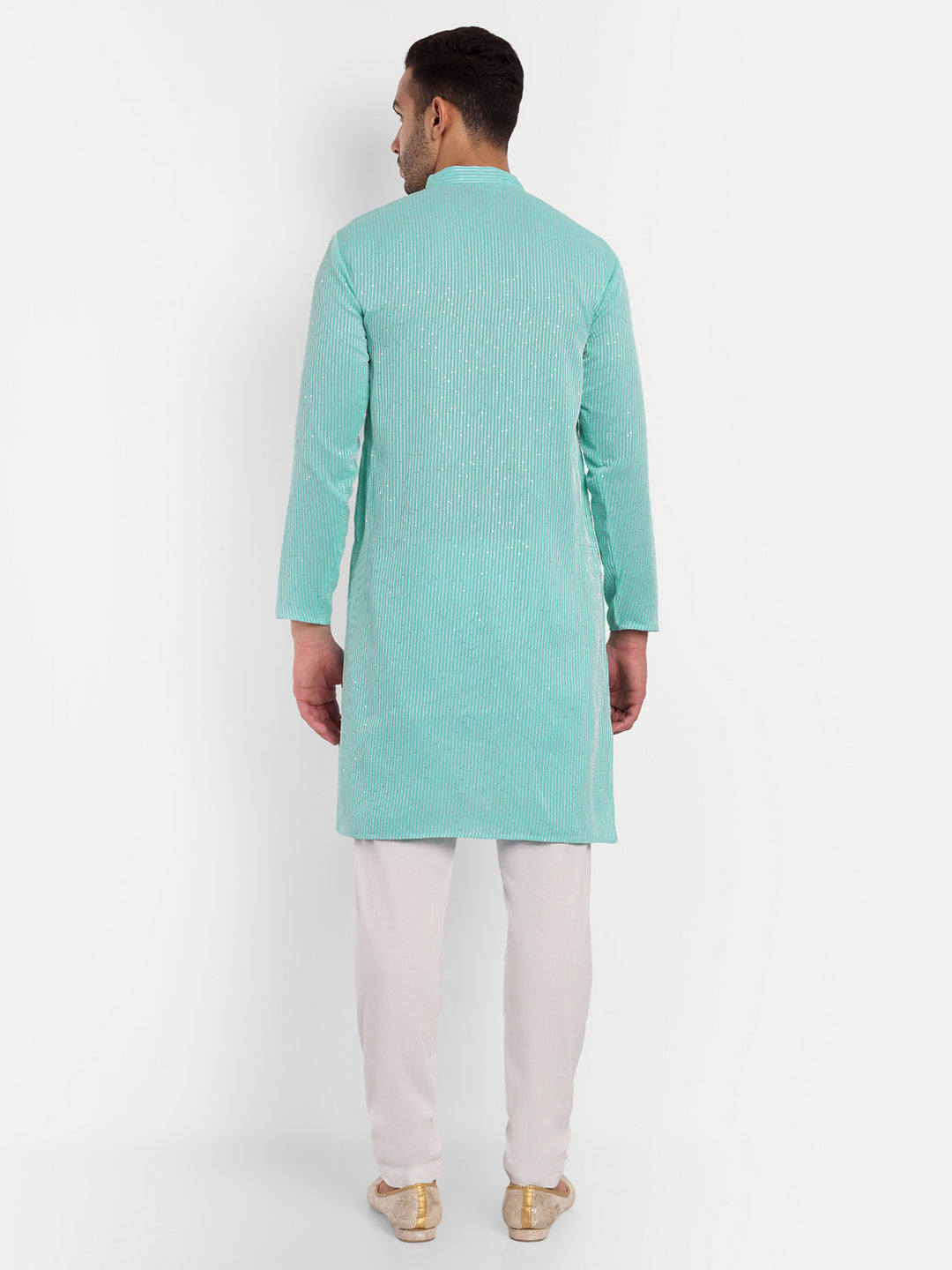 Sky Blue Thread and Sequin Stripes Georgette Kurta