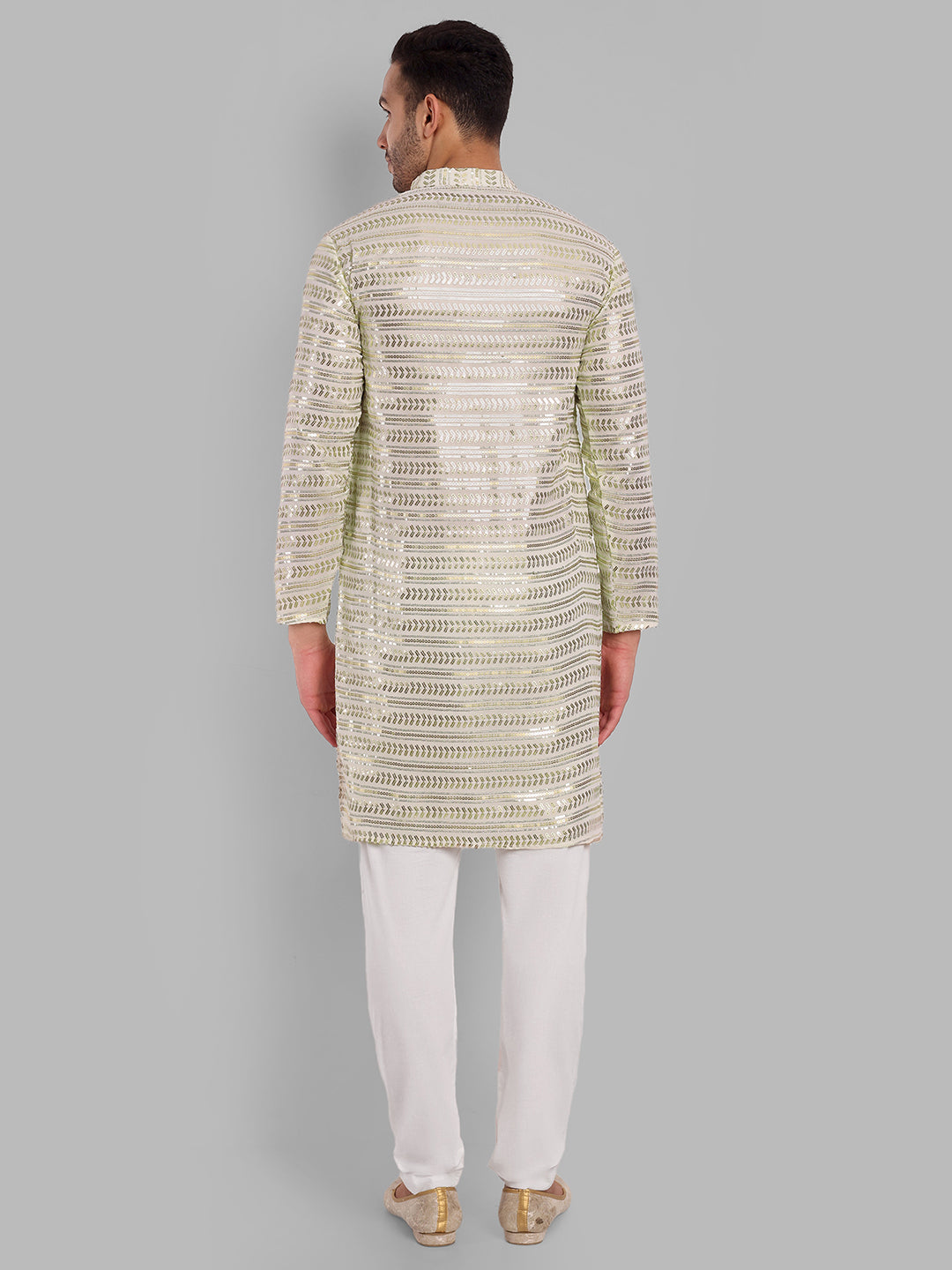 White Moon Sequin Embellished Stripes Pattern Georgette Kurta