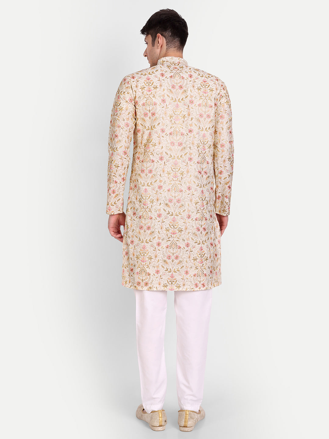 Peach and Ivory Embroidered Silk Blend Royal Kurta