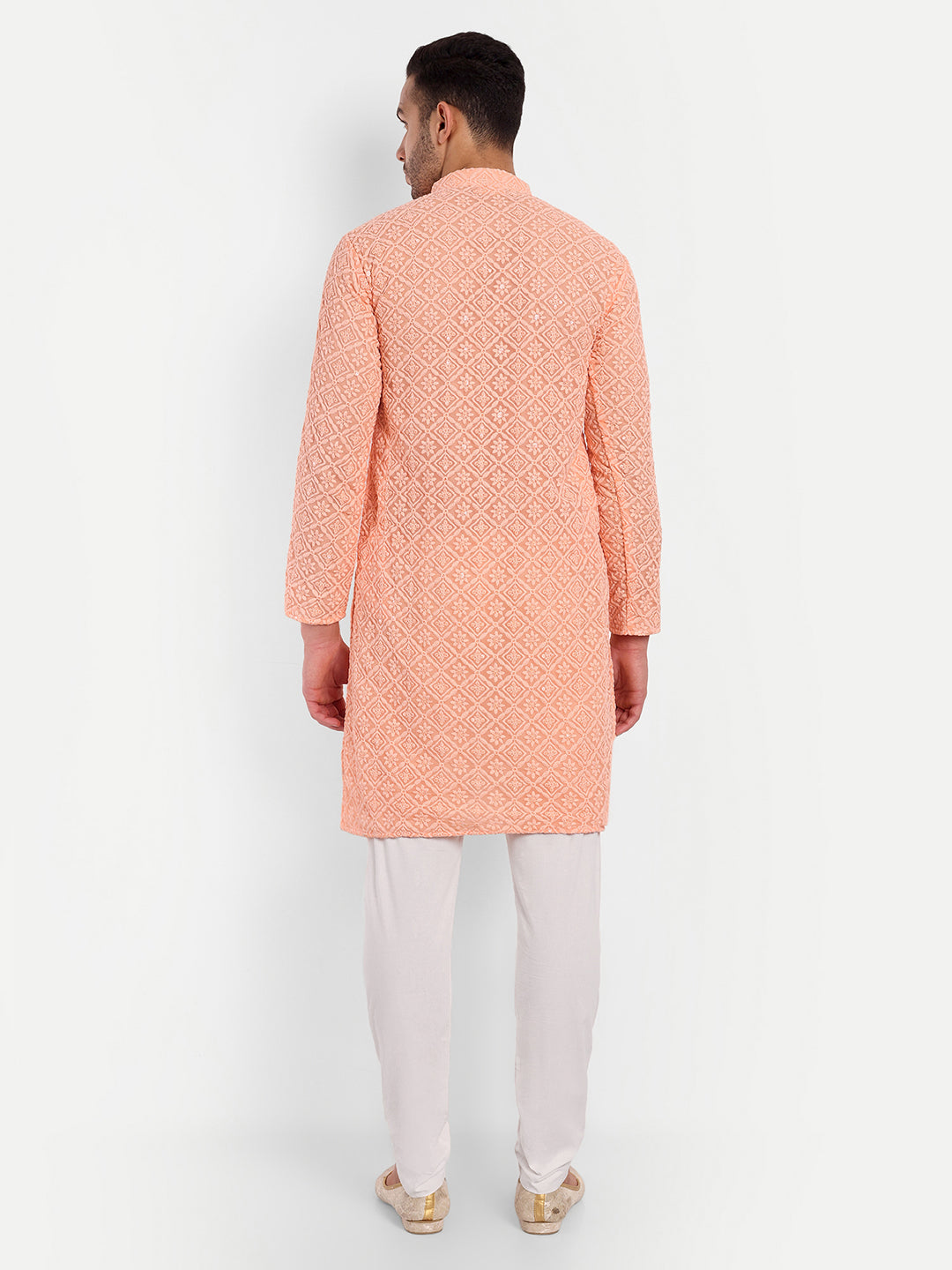 Light Peach Geometric Pattern Thread Embroidery Kurta