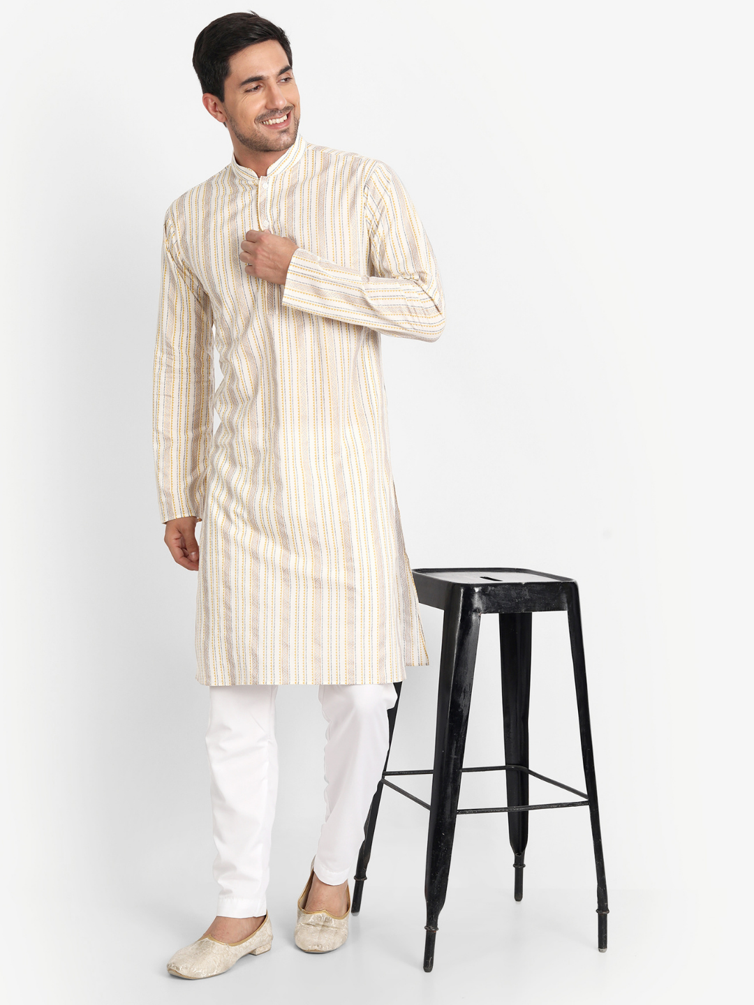 Mustard and Glitter Stripes Off-white Cotton Kurta