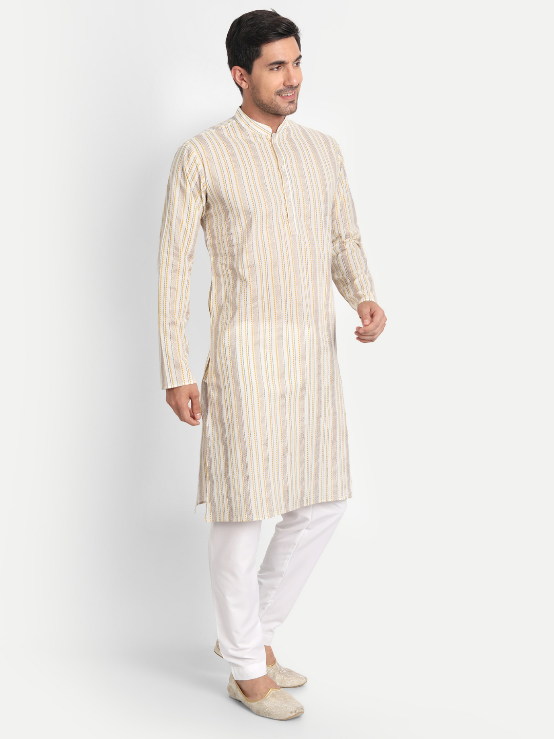 Mustard and Glitter Stripes Off-white Cotton Kurta