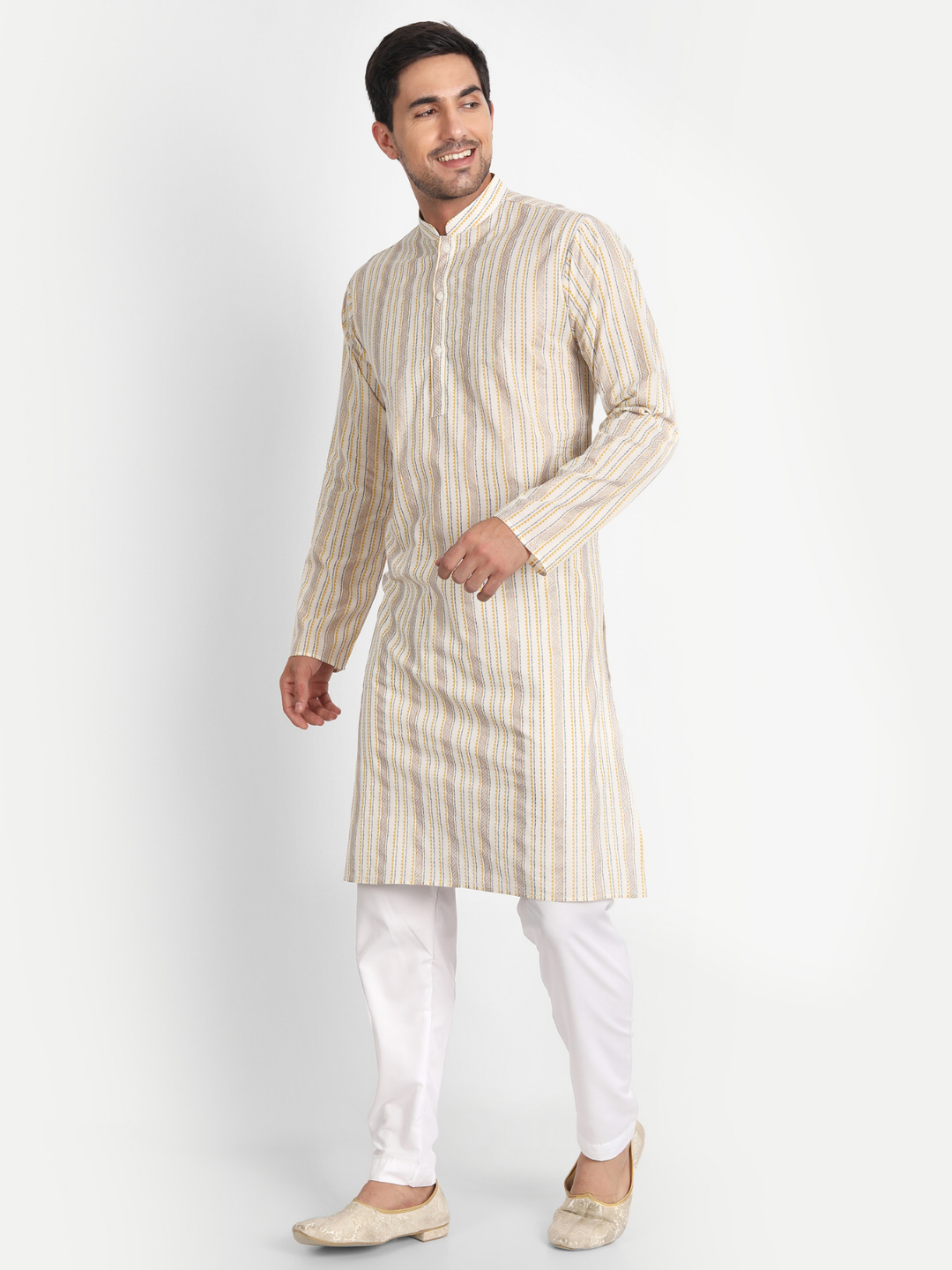 Mustard and Glitter Stripes Off-white Cotton Kurta