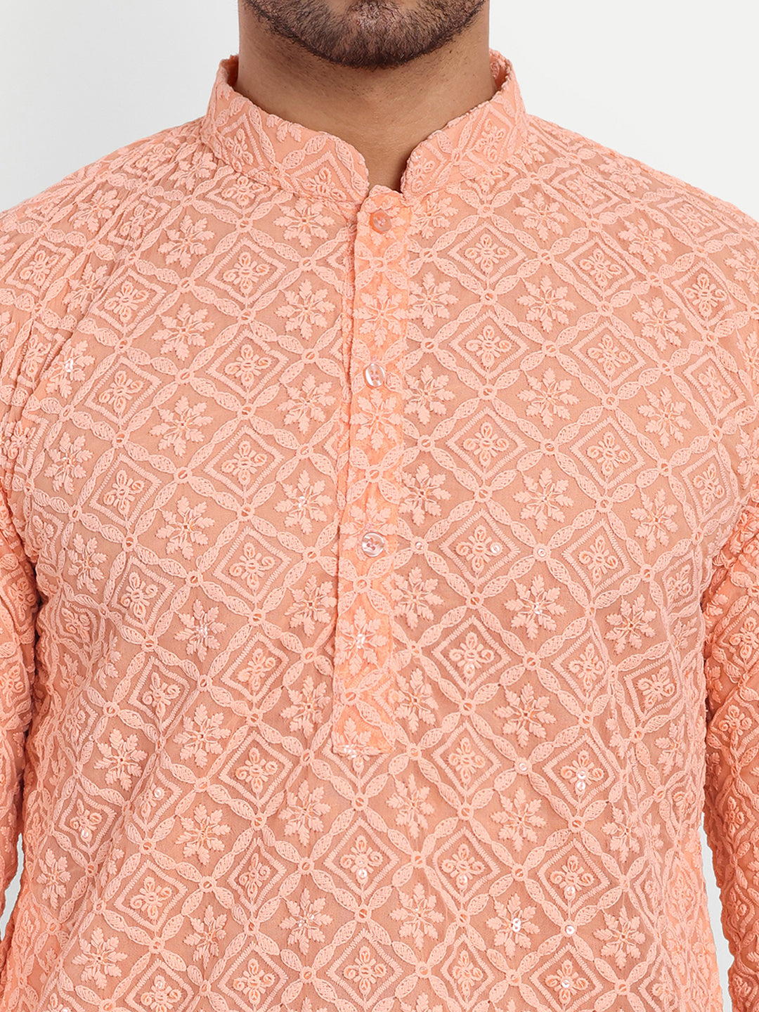 Light Peach Geometric Pattern Thread Embroidery Kurta