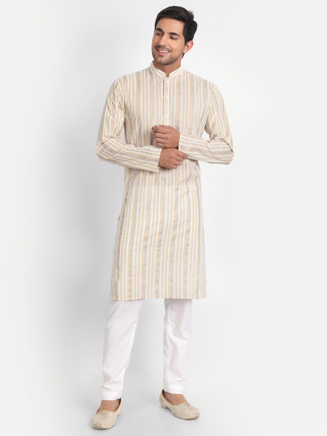 Mustard and Glitter Stripes Off-white Cotton Kurta