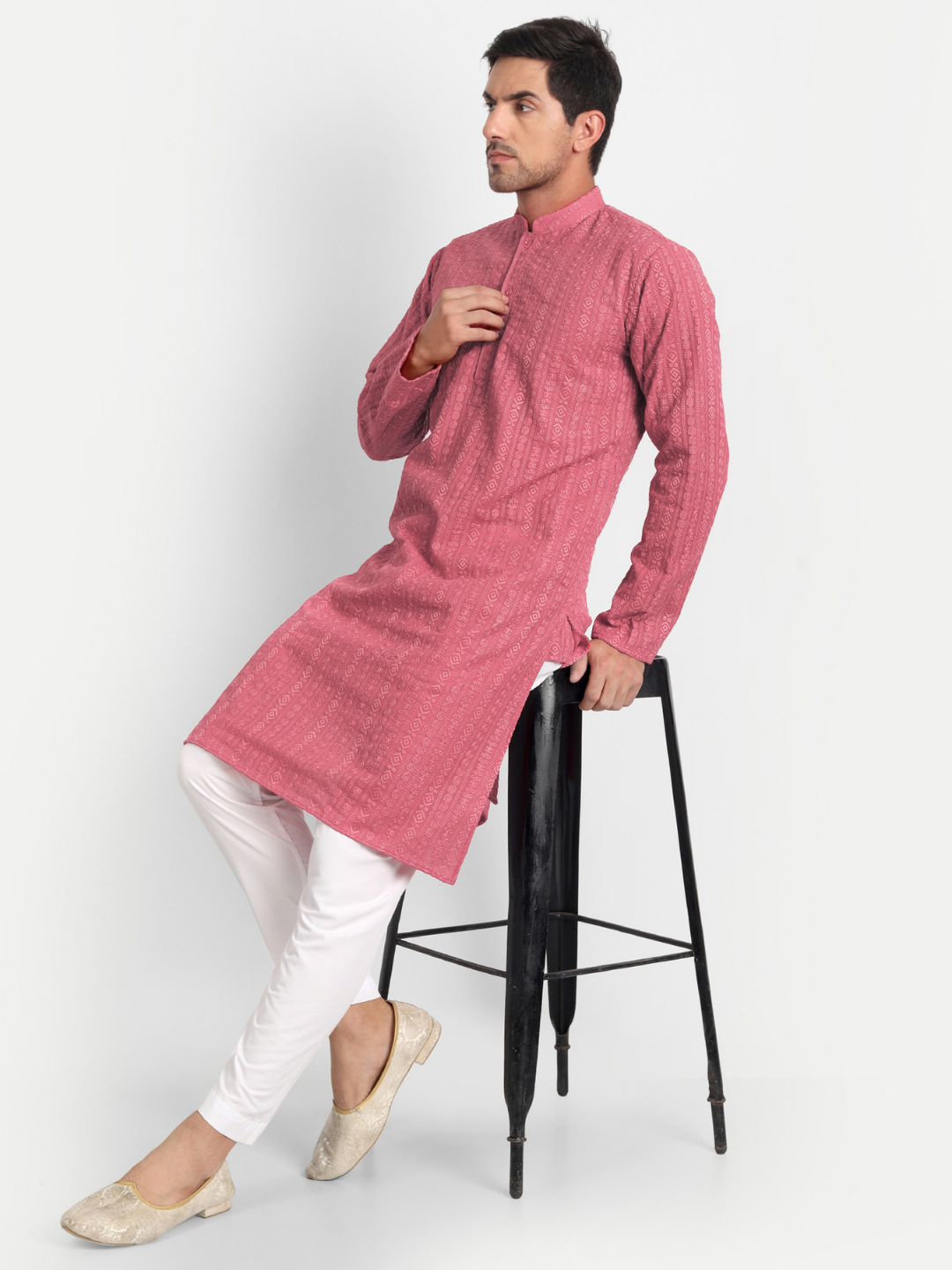 Salmon Red Chikankari Embroidered Georgette Kurta