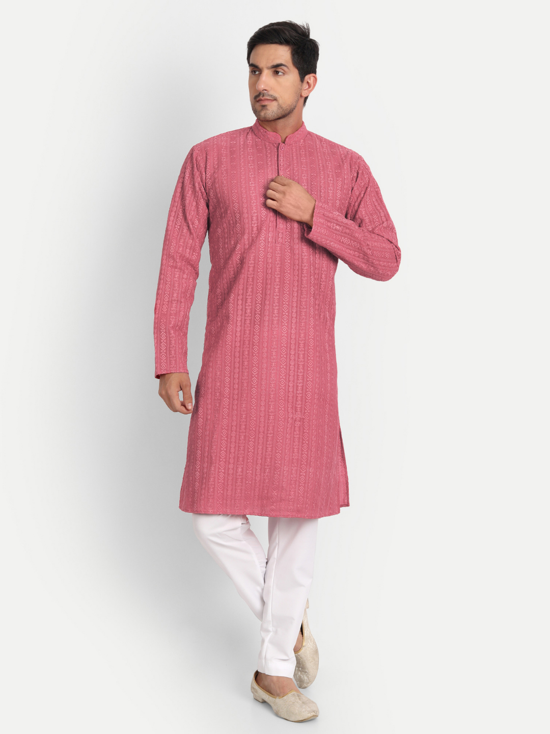 Salmon Red Chikankari Embroidered Georgette Kurta