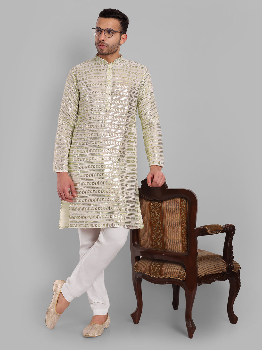 White Moon Sequin Embellished Stripes Pattern Georgette Kurta