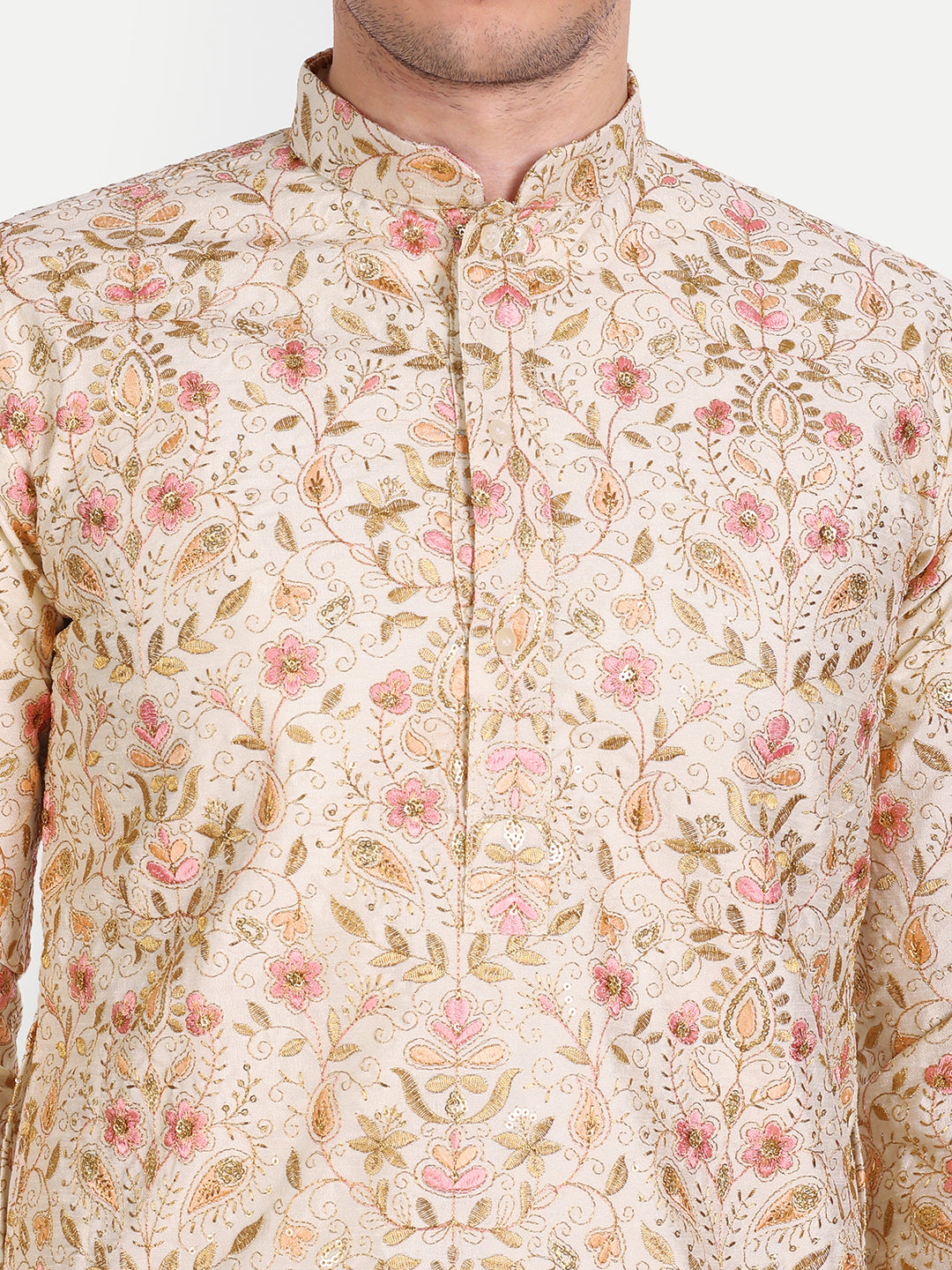 Peach and Ivory Embroidered Silk Blend Royal Kurta