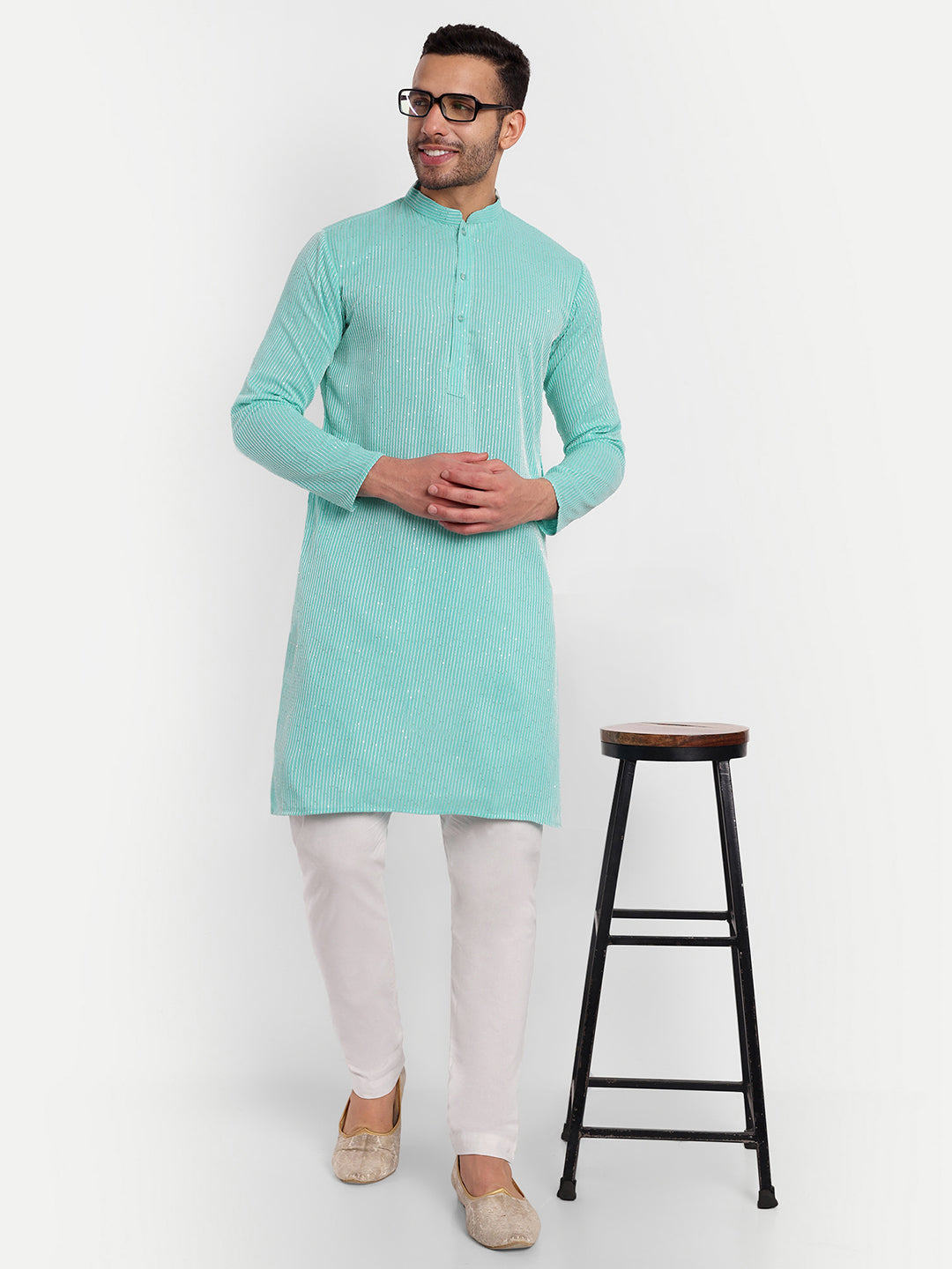 Sky Blue Thread and Sequin Stripes Georgette Kurta