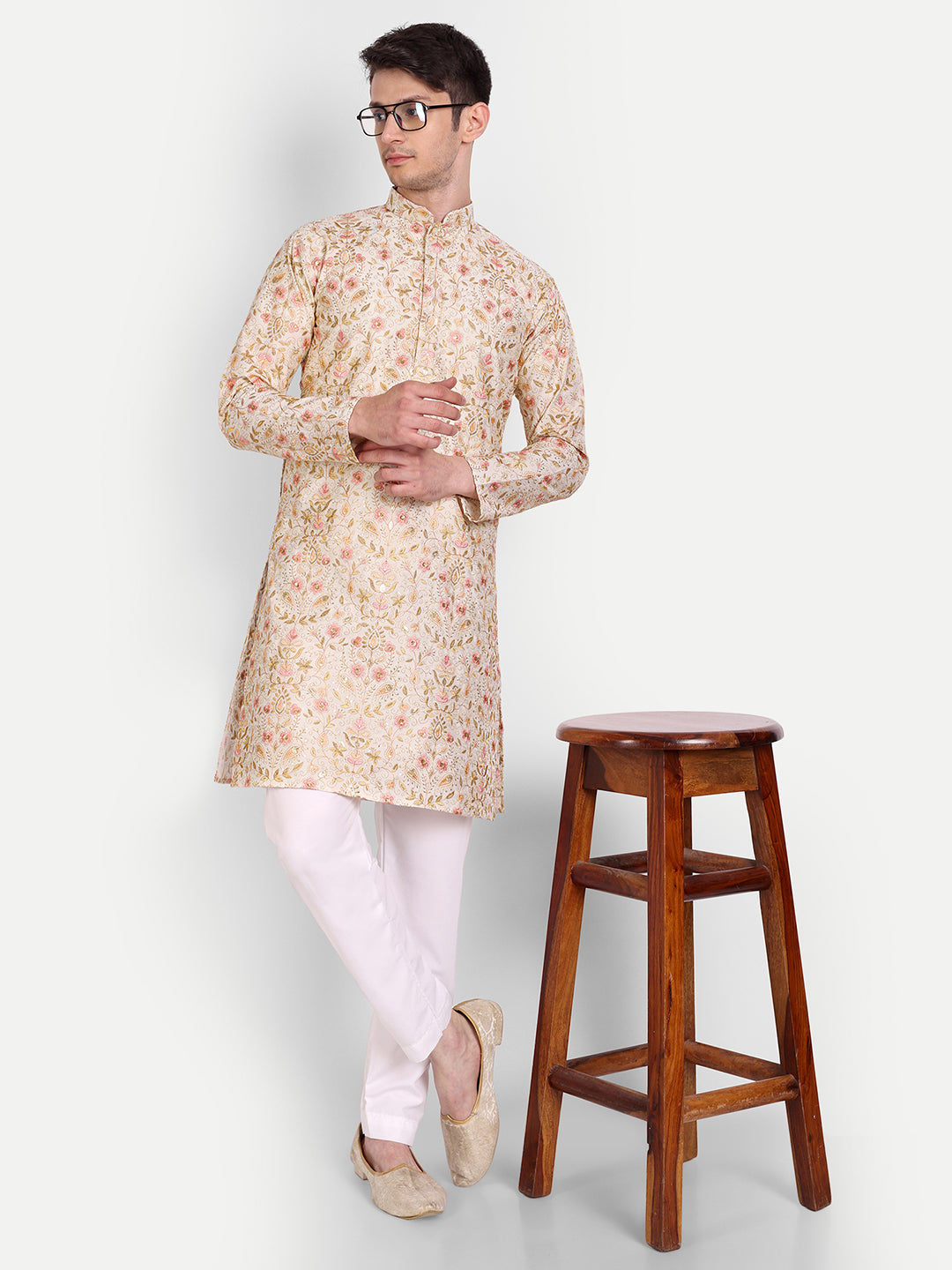 Peach and Ivory Embroidered Silk Blend Royal Kurta